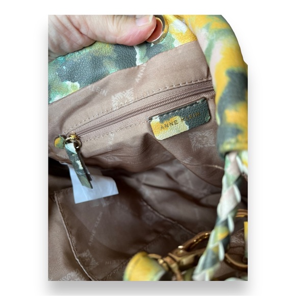 Anne Klein Scrunchie Crossbody Soft Yellow Sage Blush Abstract Print Bag - Picture 6 of 14